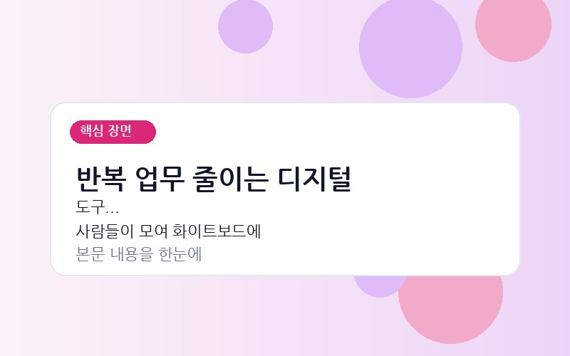 사람들이 모여 화이트보드에 반복되는 업무 목록과 문제점을 분석하며 토론하는 모습